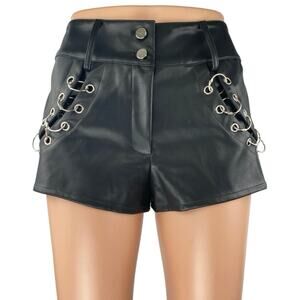 Fashion Nova Black Faux Vegan Leather Studded Ring Mini High Waist Shorts Size S